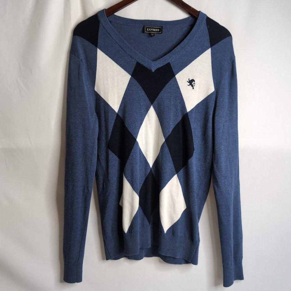 Express Men's Blue/Navy/White V-Neck Diamond/Argyle Sweater, Small